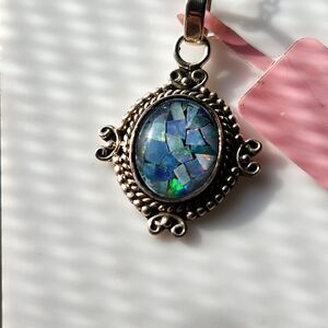 NWT Old Stock 925 Blue Fire Opal Mosaic Pendant Necklace Vintage Style